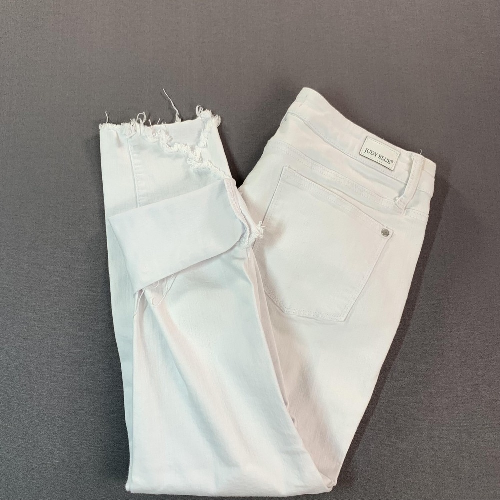 Judy Blue Jeans Womens 13/31 (34x25) White Mid Rise Skinny Stretch Crop Raw Hem‎